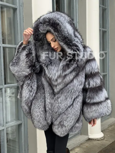 Шуба - пончо из чернобурки с капюшоном - фото 8