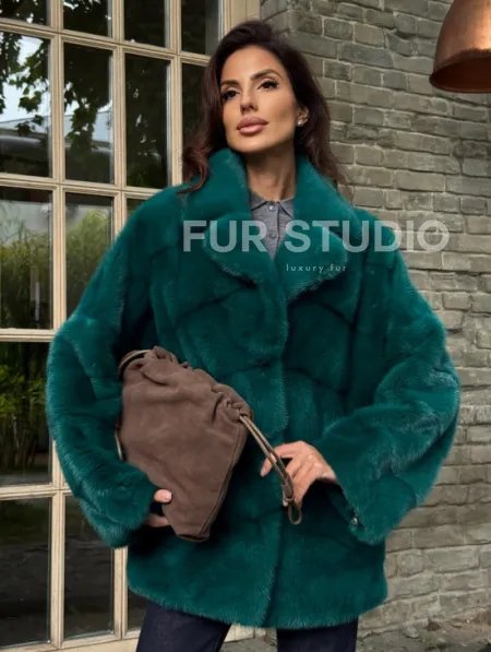 Полушубок норковый - цвет изумруд - фото 5