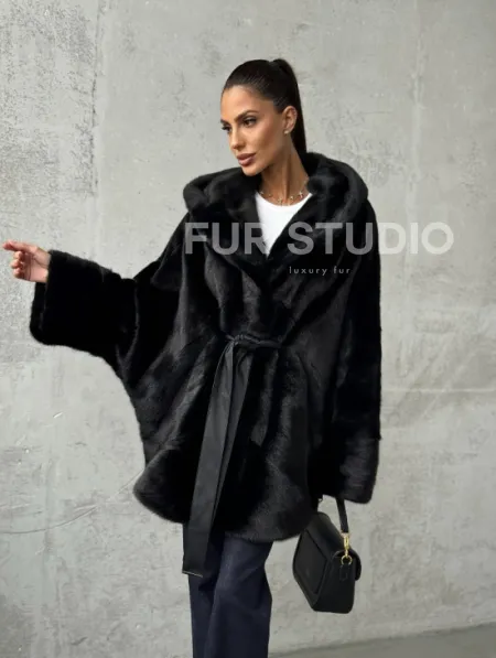 Полушубок черный норковый с капюшоном - фото 12