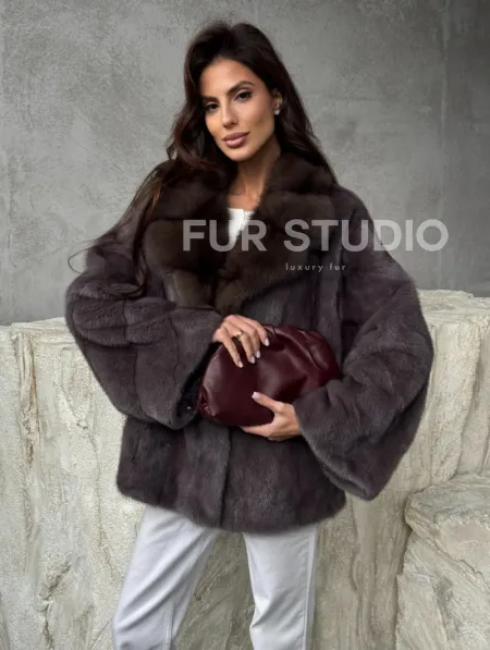 Норковый полушубок с воротником куница - фото 5