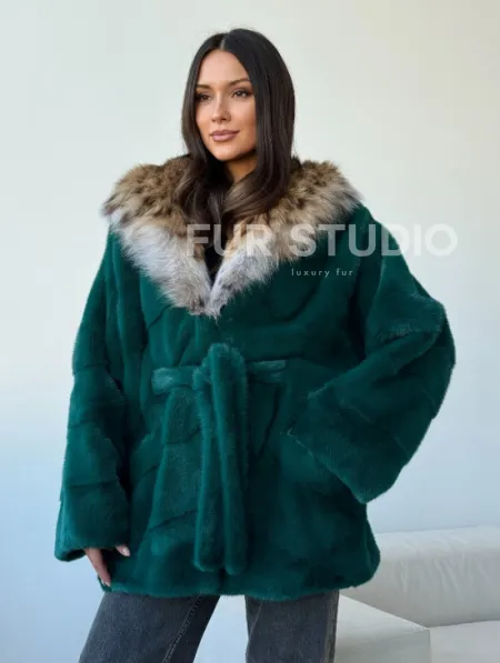 Норковая шуба с капюшоном из рыси - фото 0