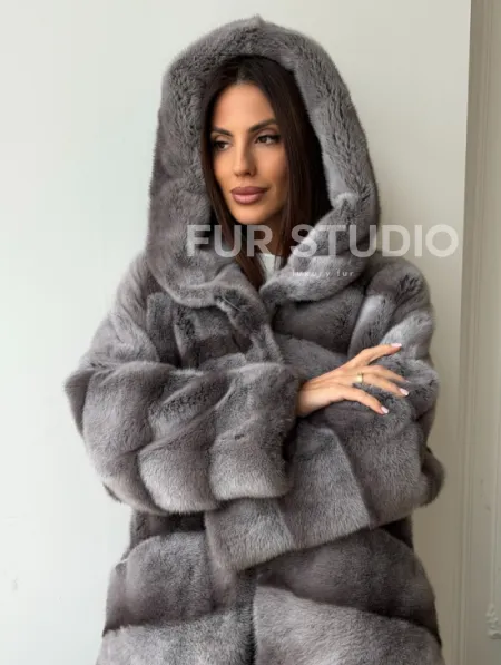 Норковый полушубок с капюшоном - цвет Platinum - фото 9