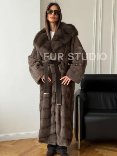 Шуба-кимоно с капюшоном куница - фото 4