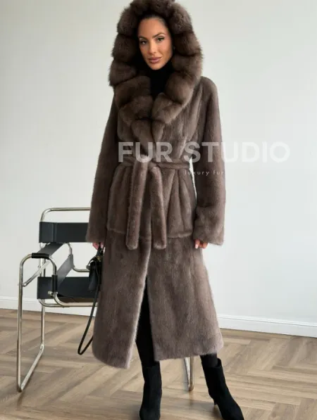 Шуба норковая длинная с капюшоном - фото 5