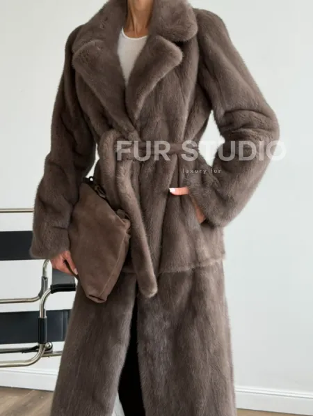 Прямая норковая шуба с поясом - фото 1