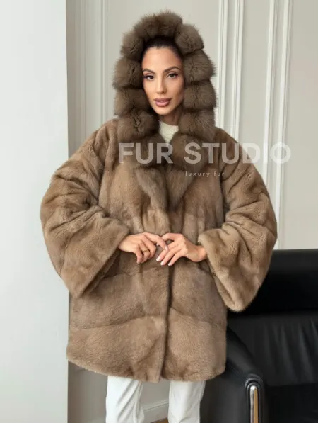 Шуба норковая с капюшоном куница - фото 7