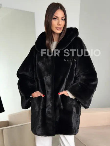 Норка шуба BLACKGLAMA паркет кимоно с капюшоном - фото 0