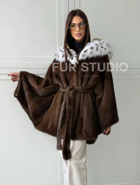 Норковая шуба с капюшоном по рысь - фото 9