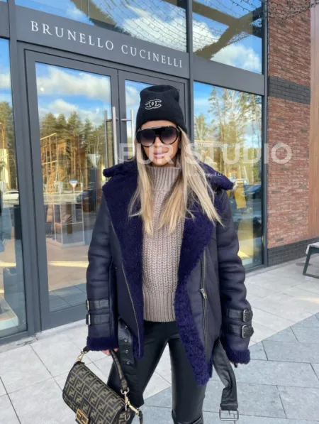 Авиатор из натуральной овчины в синем цвете - фото 4