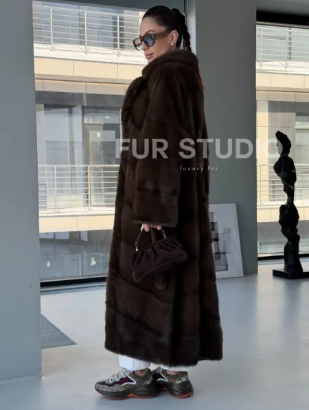 Коричневая норковая шуба - кимоно - фото 6