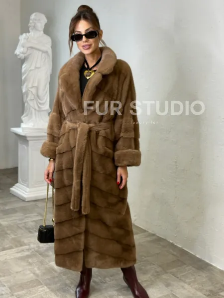 Длинная шуба карамель кимоно мех NAFA - фото 0