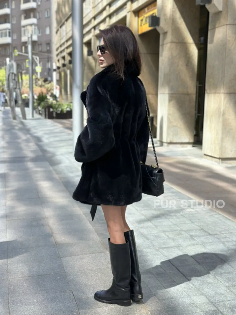 Шуба из плюшевой норки NAFA, роспуск - цвет черный изумруд - фото 3