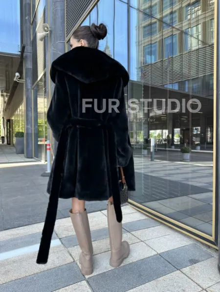 Шуба норковая с капюшоном, мех BLACKGLAMA - фото 7