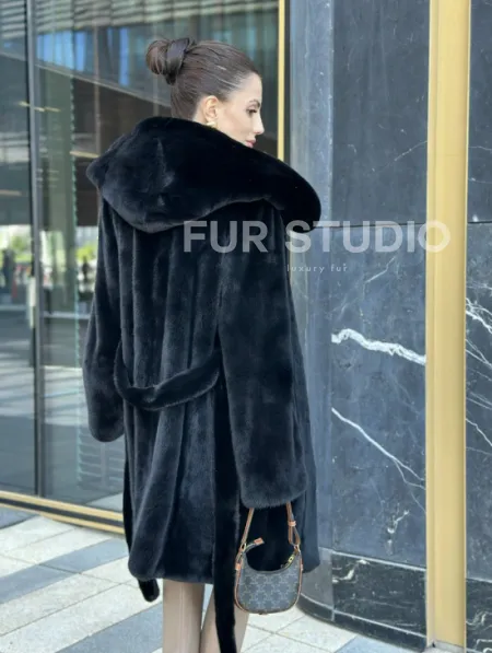 Шуба норковая с капюшоном, мех BLACKGLAMA - фото 6