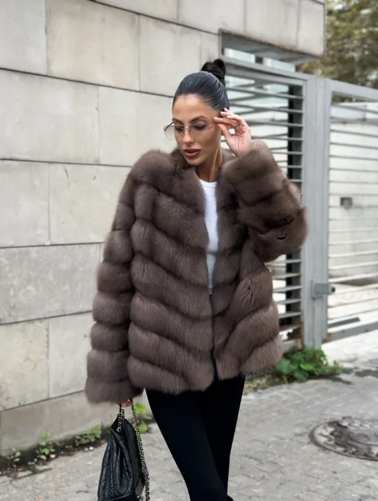 Меховой жакет - шуба из куницы цвет трюфель - фото 6