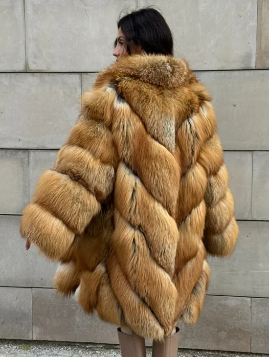 Vintage шуба диагональ из меха лисы Gold Fox, английский воротник - фото 10