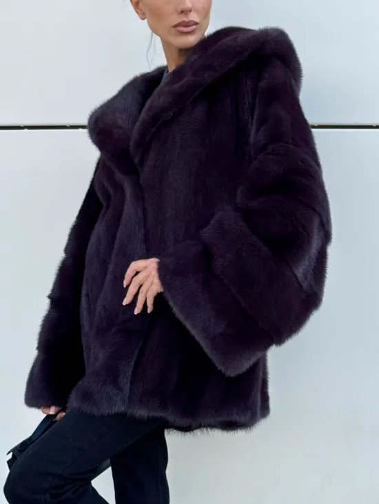 Норковый полушубок автоледи с капюшоном - цвет инжир - фото 2