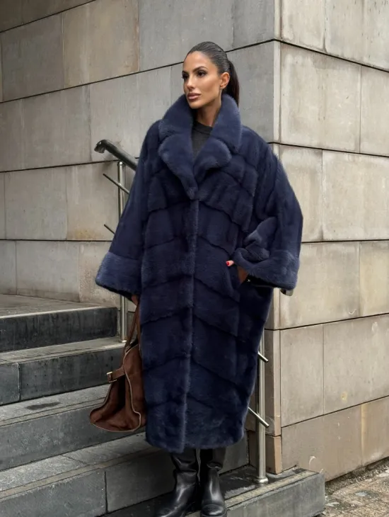 Норковая шуба-пальто в цвете джинс, стиль  “Бохо“ — батальный размер - фото 8