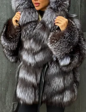 Шуба натуральная из чернобурки с капюшоном - фото 4