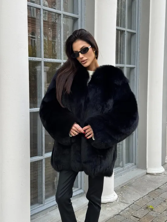 Шуба - жакет из меха песца цельные платины TOTAL BLACK - фото 9