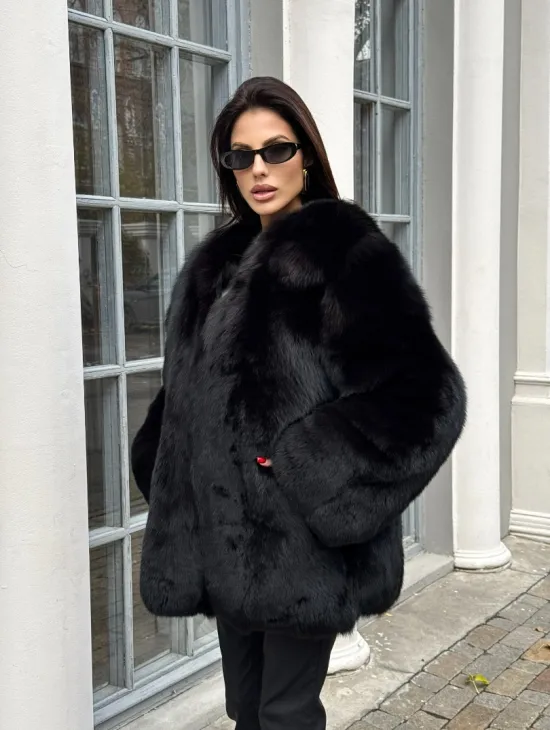 Шуба - жакет из меха песца цельные платины TOTAL BLACK - фото 5