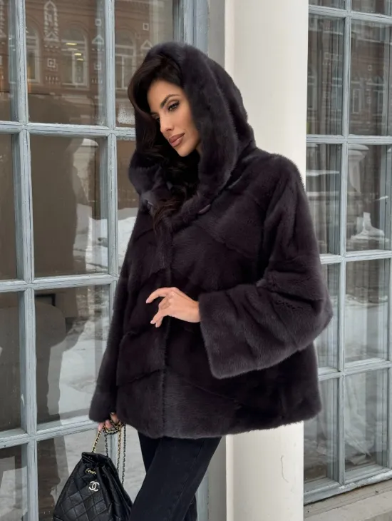 Меховой полушубок автоледи с капюшоном из меха норки графит - фото 9