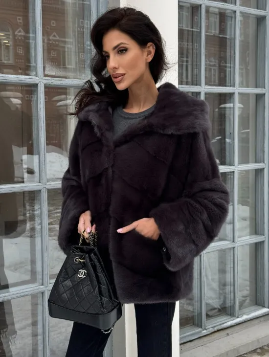 Меховой полушубок автоледи с капюшоном из меха норки графит - фото 3