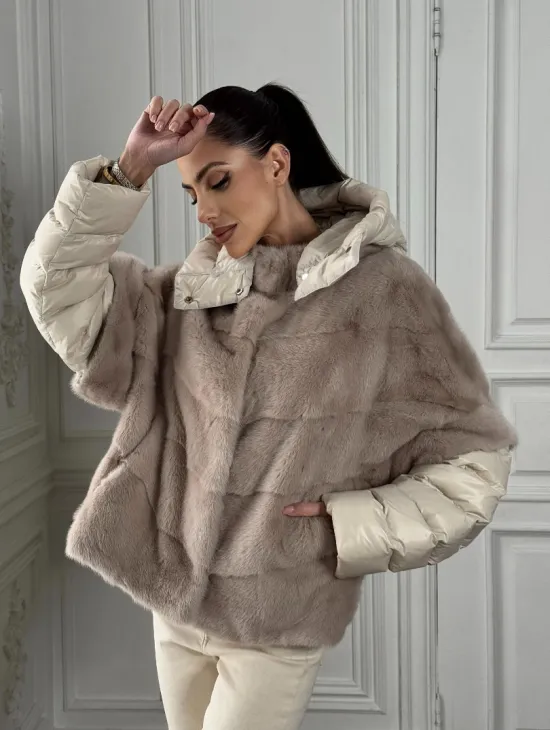 Норковый женский полушубок-жилет 2в1 в цвете «Нюд» - фото 8