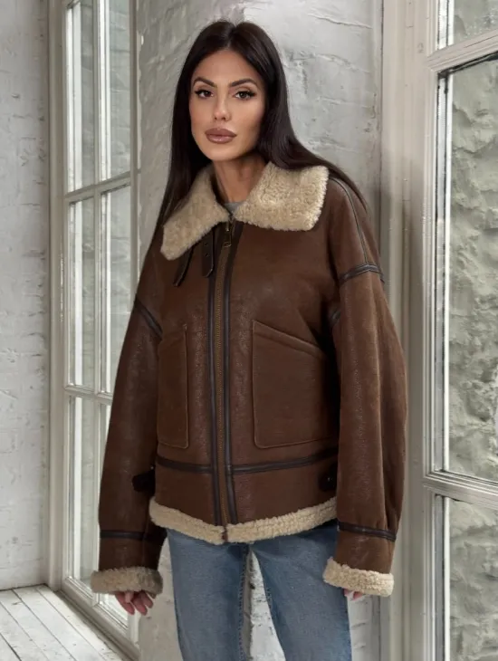 Женская короткая дубленка Brown vintage из натуральной овчины кёрли - фото 4