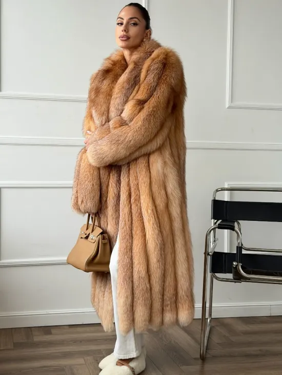 Длинная шуба из меха лисы Vintage gold с шалевым воротником - фото 4