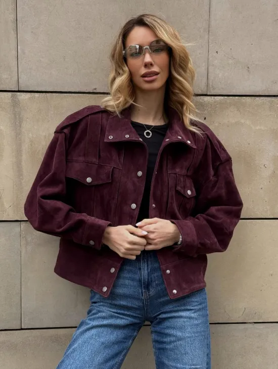 Винтажная женская повседневная куртка из натуральной замши Burgundy - фото 8