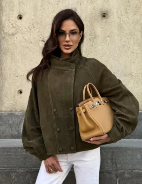 Женский замшевый блейзер - стойка воротник - фото 10