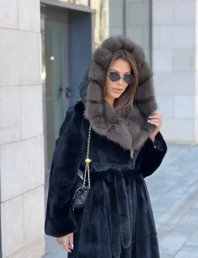 Норковая шуба с капюшоном из куницы -  BlackGlama - фото 5
