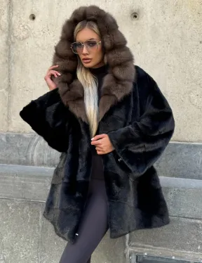 Черный норковый полушубок с капюшоном куница - фото 6