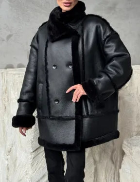 Черная современная дубленка - фото 2