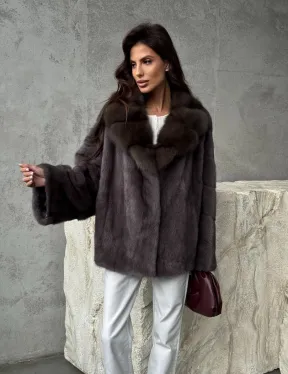 Норковый полушубок с воротником куница - фото 8