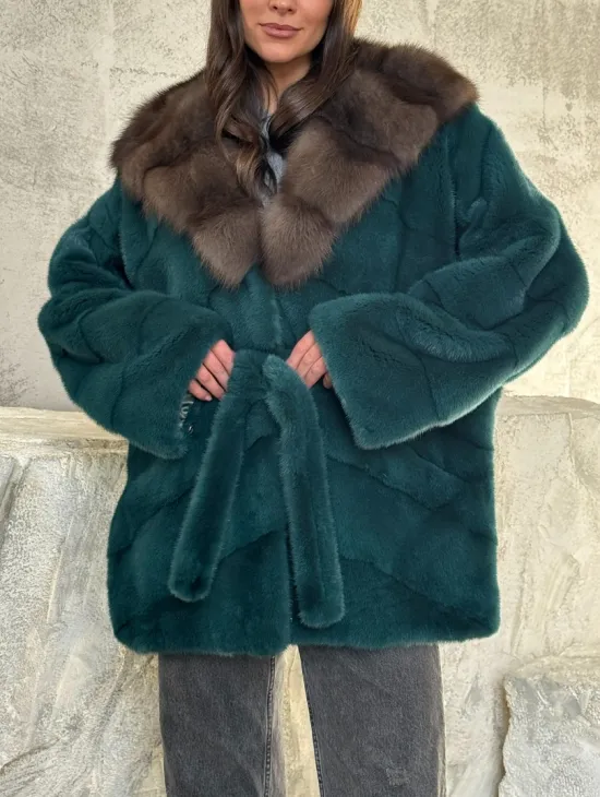 Шуба норка кимоно - капюшон куница - фото 2