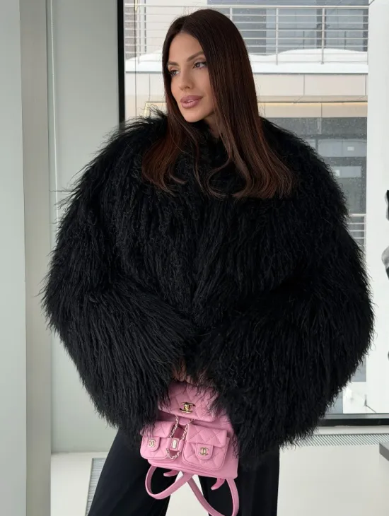 Полушубок черный из ламы - фото 0