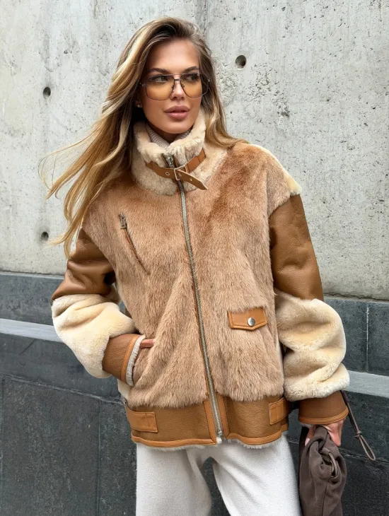 Комбинированная дубленка из овчины и норки - фото 10