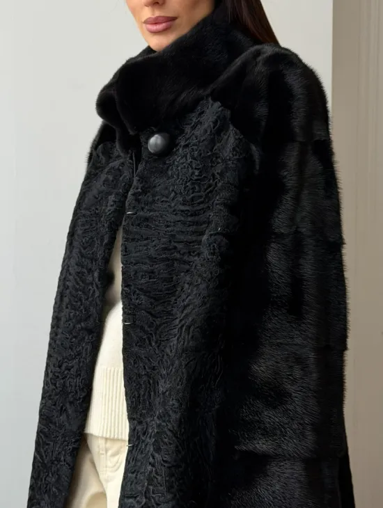 Шуба из каракуля с норкой - стойка воротник - фото 3