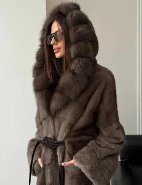 Шуба-кимоно с капюшоном куница - фото 6
