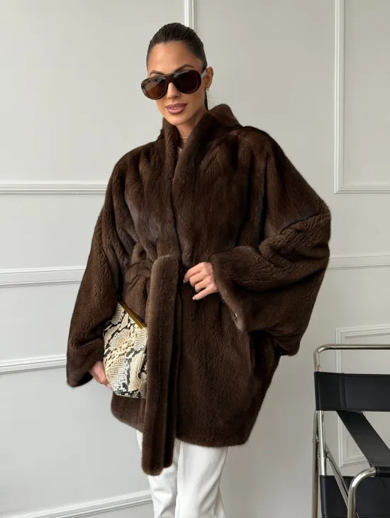 Норковый полушубок с меховым поясом - Летучая мышь - фото 9