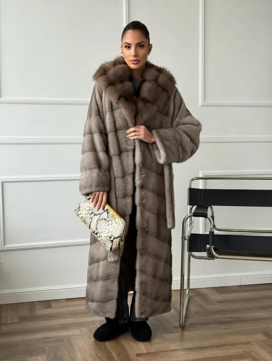 Шуба-кимоно норка в пол с капюшоном куница - фото 11