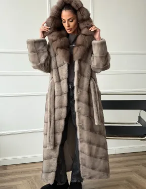 Шуба-кимоно норка в пол с капюшоном куница - фото 2