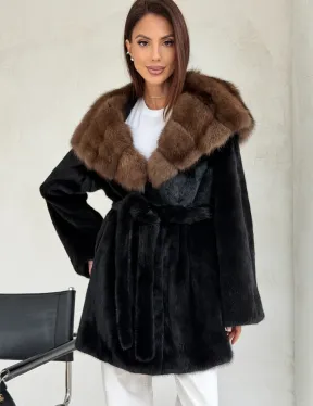Черная шуба в роспуск с капюшоном соболь - фото 7