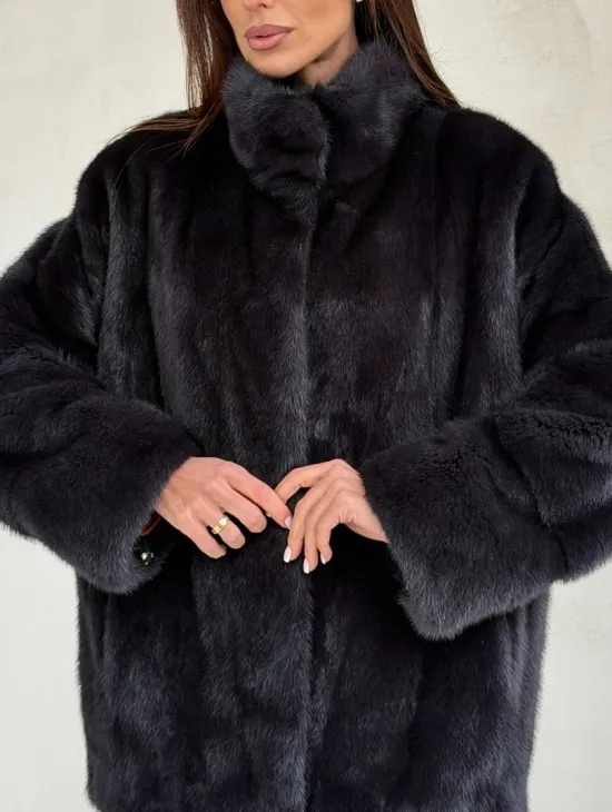 Норковый полушубок графит - стойка воротник - фото 1
