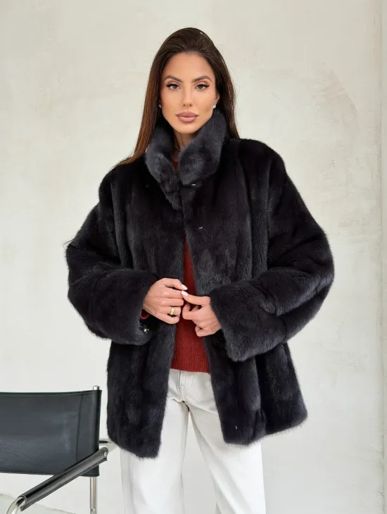 Норковый полушубок графит - стойка воротник - фото 6