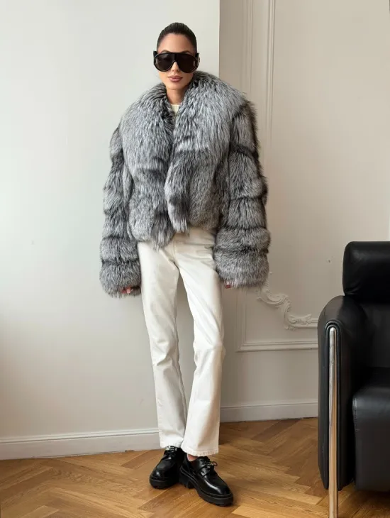 Кроп-полушубок с шалевым воротником из чернобурки - фото 6