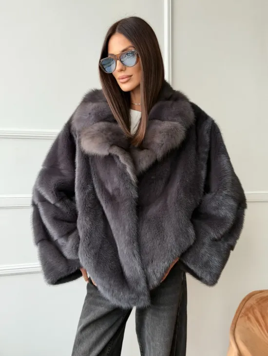 Автоледи норковая с воротником куницы - графит - фото 8