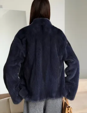 Короткий норковый жакет - синий графит - фото 4